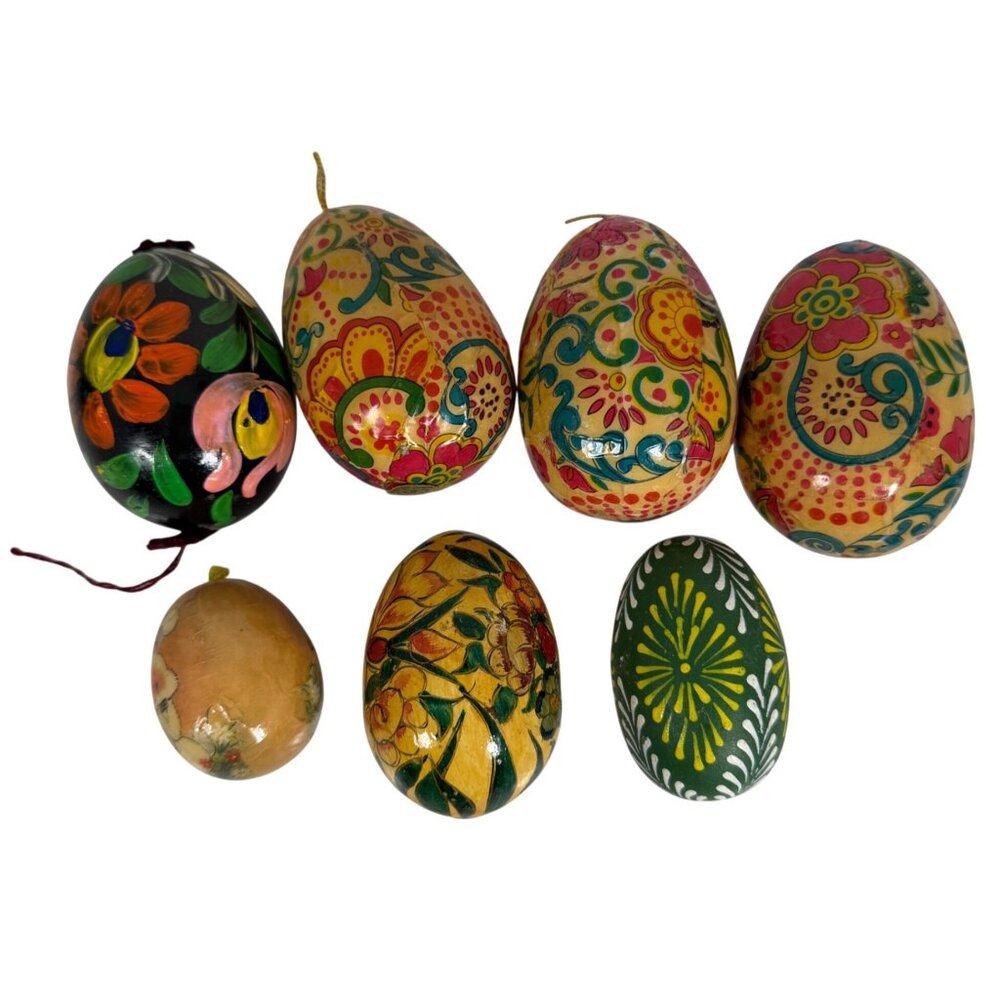 Set Of 7 Decorative Wooden Easter Eggs Hand-Painted Floral VTG Flaws